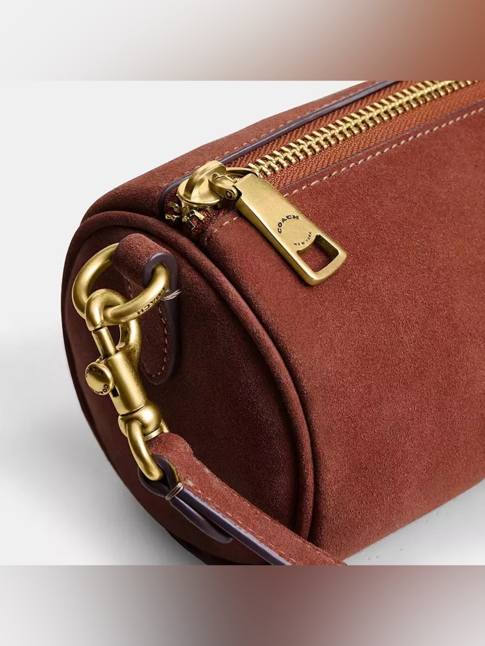 Coach Barrel Bag in Brass/Clay Orange/Brown Suede & Refined Calf Leather NWT - Picture 10 of 15